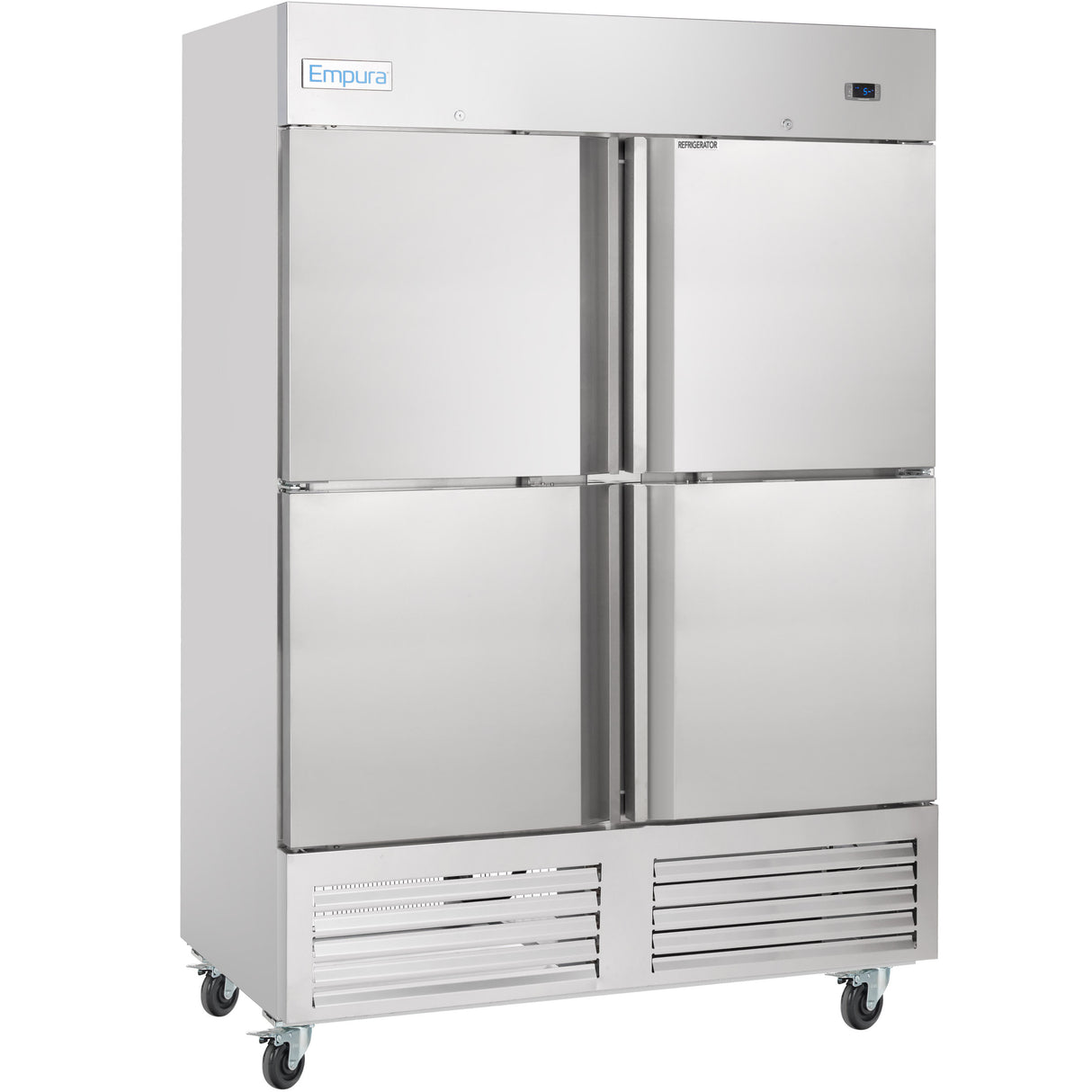 A large, stainless steel Empura Refrigeration 49 cu. ft. reach-in refrigerator on wheels, featuring four vertical doors, vents, a digital display at the bottom front, and the Empura brand label on the upper left.
