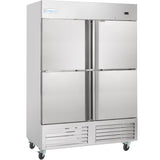 A large, stainless steel Empura Refrigeration 49 cu. ft. reach-in refrigerator on wheels, featuring four vertical doors, vents, a digital display at the bottom front, and the Empura brand label on the upper left.