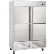 A large, stainless steel Empura Refrigeration 49 cu. ft. reach-in refrigerator on wheels, featuring four vertical doors, vents, a digital display at the bottom front, and the Empura brand label on the upper left.