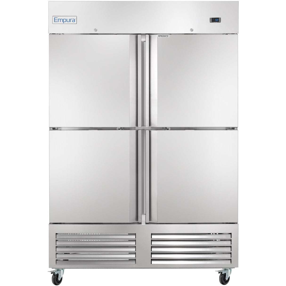A large, four-door stainless steel Empura Reach-In Refrigerator on wheels. The top features the Empura brand label, a small digital display panel on the upper right, and vents with handles on the front. This unit offers a spacious 49 cu. ft. capacity.