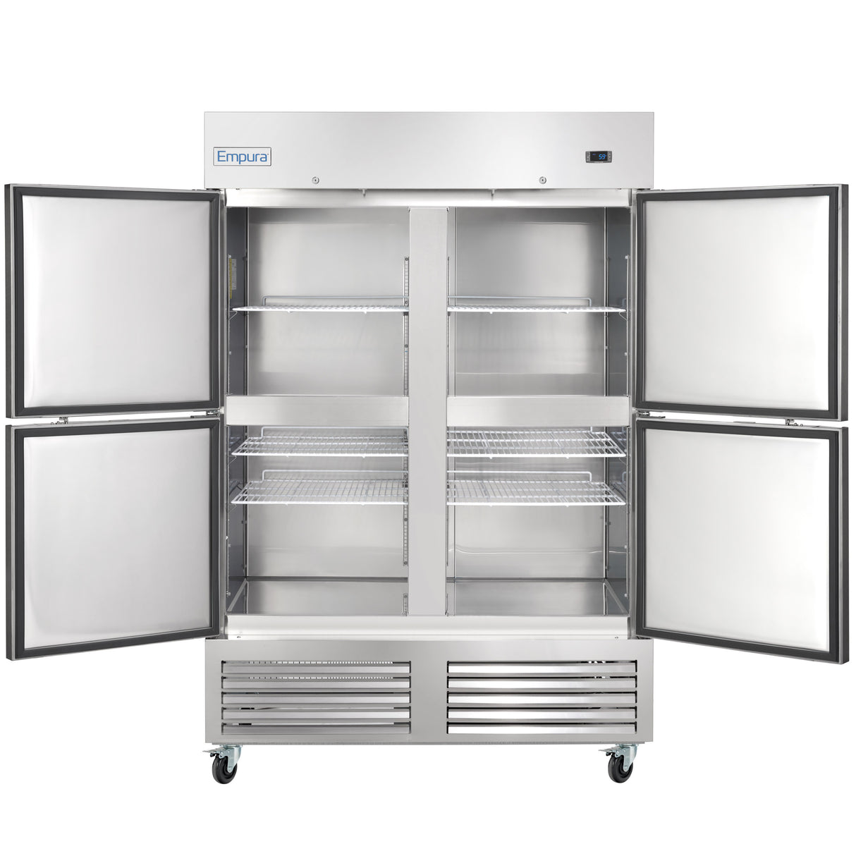 A large Empura Refrigeration reach-in refrigerator with four open doors reveals empty wire shelves inside. This 49 cu. ft. stainless steel unit stands on wheels, with a display and Empura label on top, plus vented panels below.