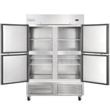 A large Empura Refrigeration reach-in refrigerator with four open doors reveals empty wire shelves inside. This 49 cu. ft. stainless steel unit stands on wheels, with a display and Empura label on top, plus vented panels below.