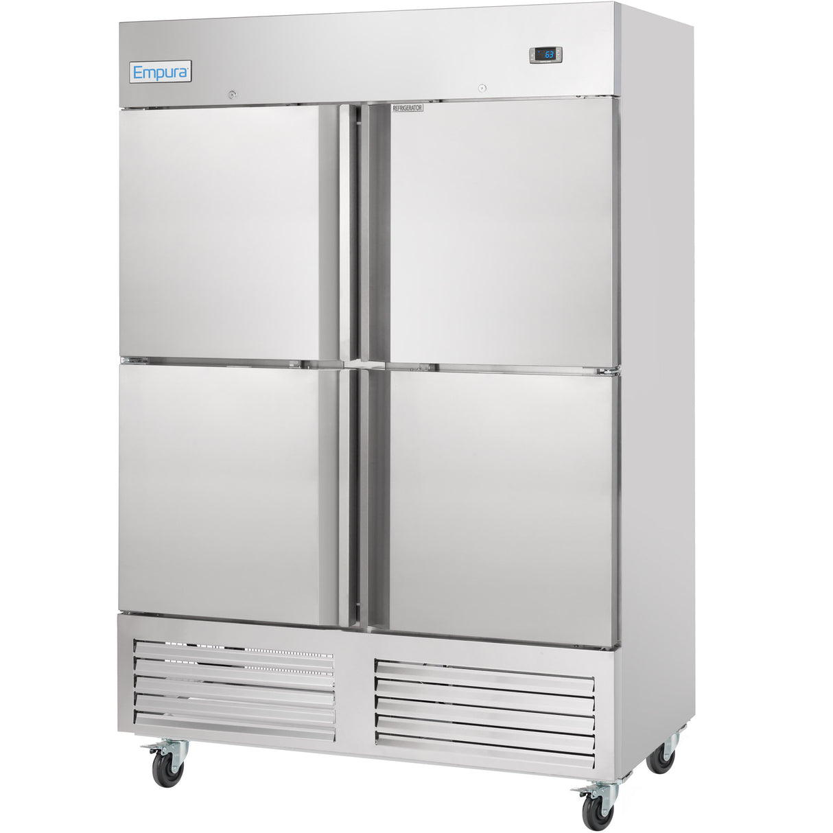 The Empura Refrigeration 49 cu. ft. Reach-In Refrigerator features four stainless steel doors, heavy-duty handles, front ventilation grilles, caster wheels for mobility, and a digital temperature display on the top right corner.