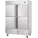 The Empura Refrigeration 49 cu. ft. Reach-In Refrigerator features four stainless steel doors, heavy-duty handles, front ventilation grilles, caster wheels for mobility, and a digital temperature display on the top right corner.
