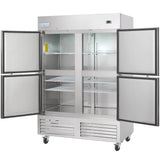 A large Empura Refrigeration reach-in refrigerator with 49 cu. ft. capacity features four open doors revealing wire shelves inside. It stands on wheels, has a digital control panel at the top right, and a vented lower section for cooling.