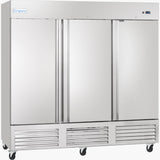 A large Empura Refrigeration stainless steel reach-in freezer on wheels, featuring vented panels at the bottom, a small digital display on the upper right, and the “Empura” label on the upper left door.