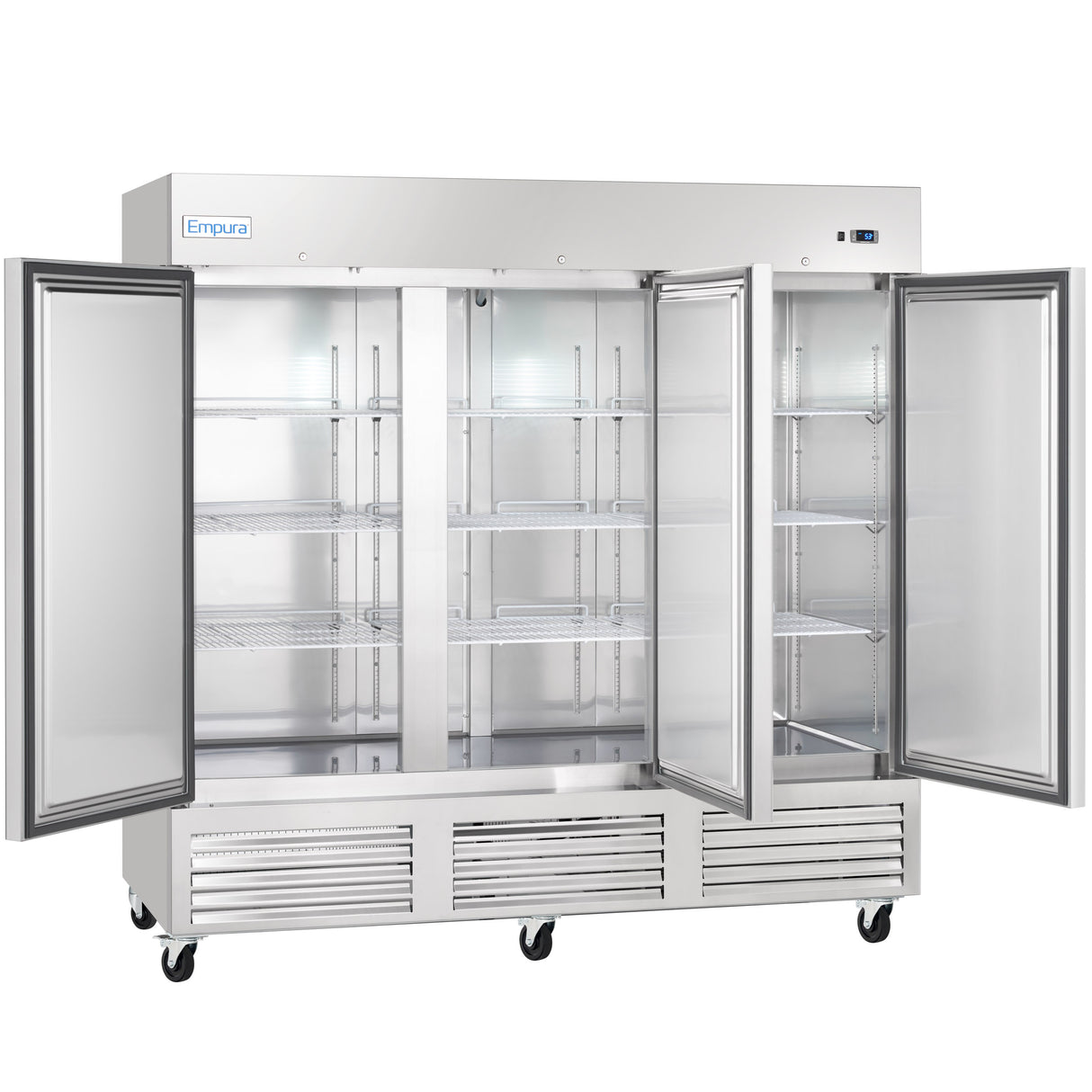 A large commercial Empura Refrigeration stainless steel reach-in freezer with three glass doors, all open to reveal empty wire shelves inside. The unit has wheels on the bottom, a digital display on top right, and the Empura brand name on the upper left.