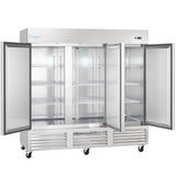 A large commercial Empura Refrigeration stainless steel reach-in freezer with three glass doors, all open to reveal empty wire shelves inside. The unit has wheels on the bottom, a digital display on top right, and the Empura brand name on the upper left.