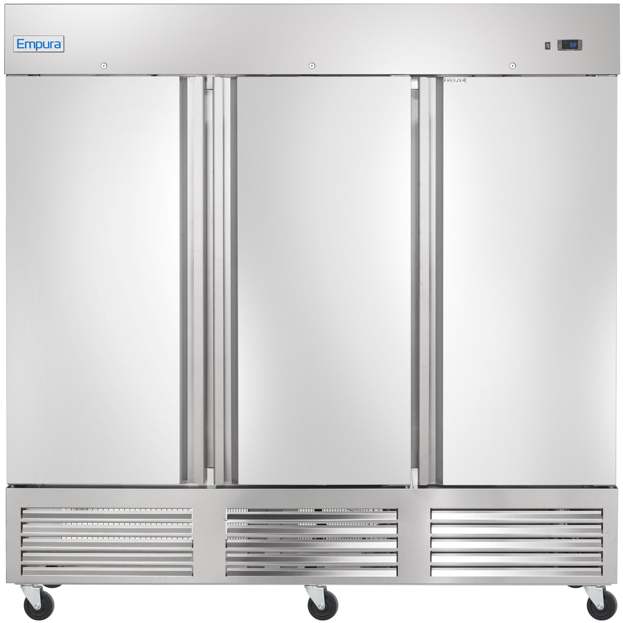 A large Empura Refrigeration stainless steel reach-in freezer with three vertical doors, each featuring long handles. The unit includes vented panels at the bottom, four caster wheels, and a small control panel on the upper right.