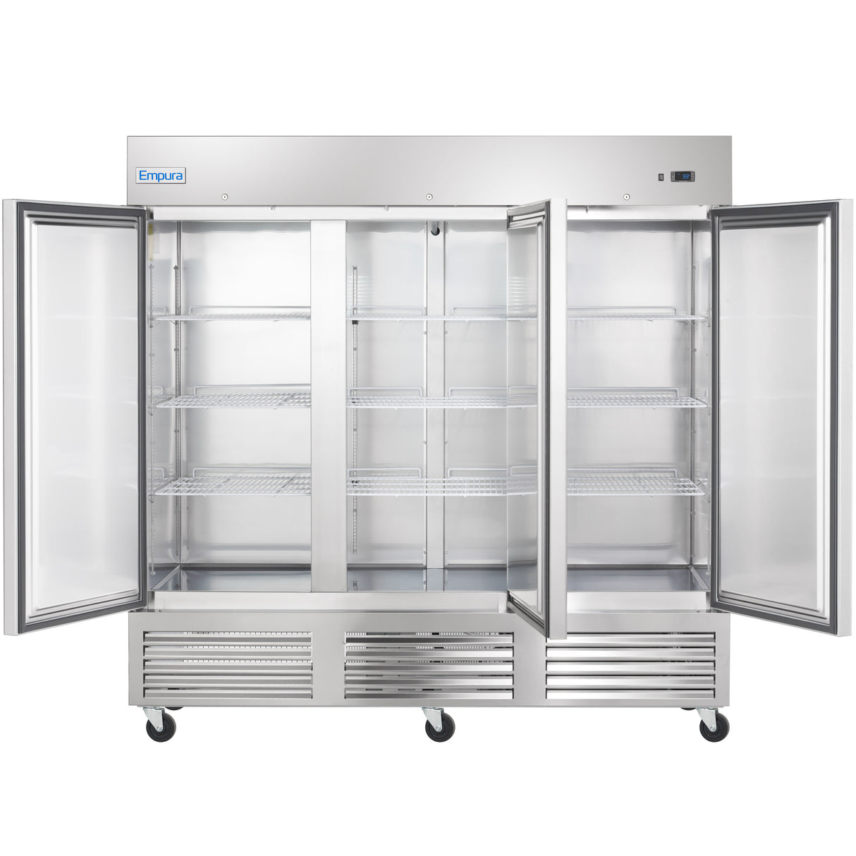 A large, stainless steel Empura Refrigeration reach-in freezer with three glass doors swings open to reveal empty wire shelves. Ventilation grilles line the bottom, and the unit sits on wheels for easy mobility. The Empura logo is on the top left.