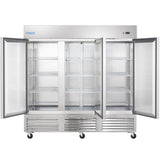 A large, stainless steel Empura Refrigeration reach-in freezer with three glass doors swings open to reveal empty wire shelves. Ventilation grilles line the bottom, and the unit sits on wheels for easy mobility. The Empura logo is on the top left.