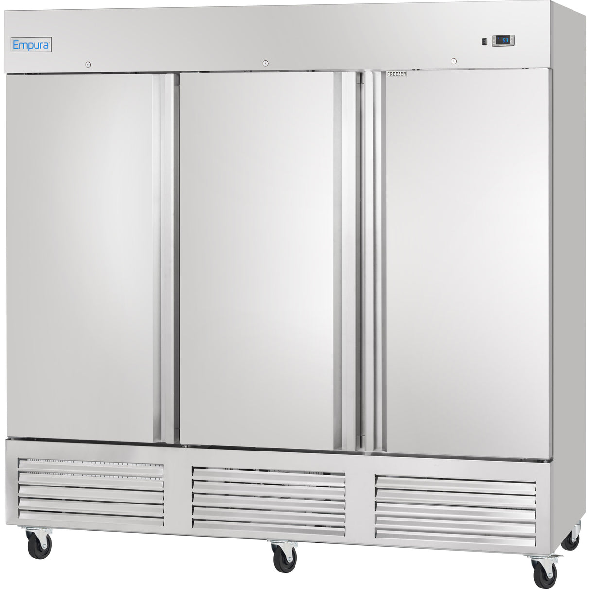 A large Empura Refrigeration stainless steel reach-in freezer with three vertical doors, each with a long handle. The unit features vents and wheels for ventilation and mobility, plus a digital display and the Empura logo on the top front.