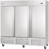 A large Empura Refrigeration stainless steel reach-in freezer with three vertical doors, each with a long handle. The unit features vents and wheels for ventilation and mobility, plus a digital display and the Empura logo on the top front.