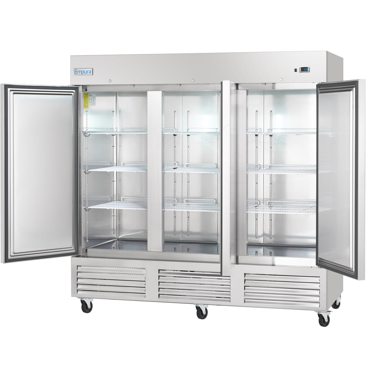 A large Empura Refrigeration stainless steel reach-in freezer with three glass doors, all open to reveal empty wire shelves. The unit is on caster wheels, featuring ventilation grilles at the base and a control panel on the upper right.