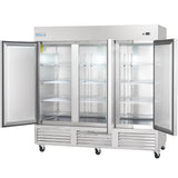 A large Empura Refrigeration stainless steel reach-in freezer with three glass doors, all open to reveal empty wire shelves. The unit is on caster wheels, featuring ventilation grilles at the base and a control panel on the upper right.