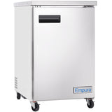 A stainless steel commercial refrigerator on four wheels, ideal for back bar cooler use, with a single solid front door featuring a black handle near the top. The lower right corner displays a blue and white Empura logo. Background is plain and uncluttered.