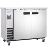 A stainless steel Empura Refrigeration back bar cooler with two doors, black handles, and a digital temperature display. Ventilation slats are on the lower left side, and it stands on four caster wheels for easy mobility.