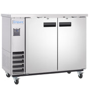 A stainless steel Empura Refrigeration back bar cooler with two doors, black handles, and a digital temperature display. Ventilation slats are on the lower left side, and it stands on four caster wheels for easy mobility.