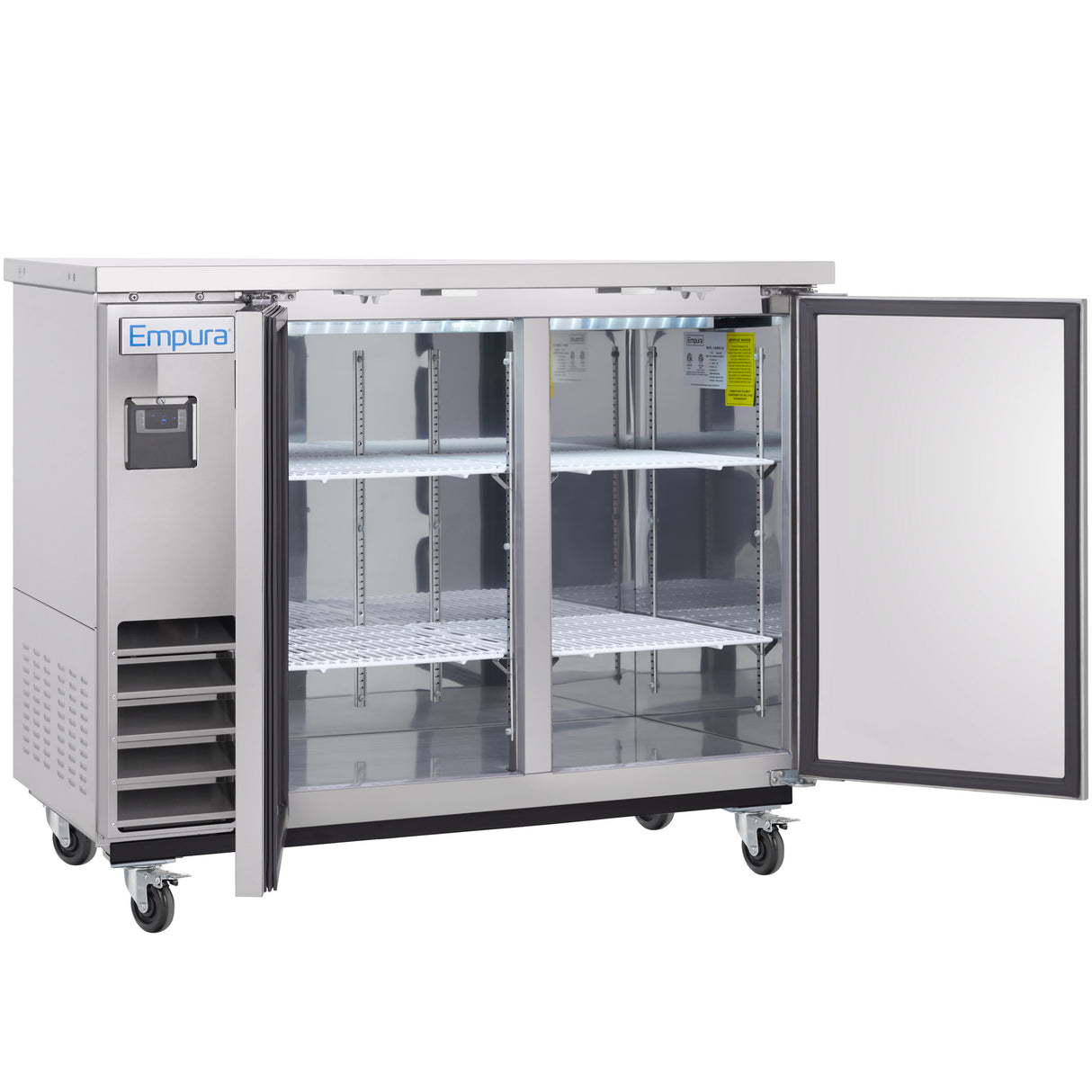 An Empura Refrigeration stainless steel back bar cooler with glass sliding doors and one solid hinged door open, showing adjustable white wire shelves inside. The unit is on four caster wheels and labeled Empura on the top left.