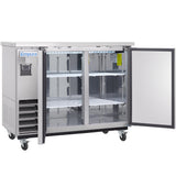 An Empura Refrigeration stainless steel back bar cooler with glass sliding doors and one solid hinged door open, showing adjustable white wire shelves inside. The unit is on four caster wheels and labeled Empura on the top left.
