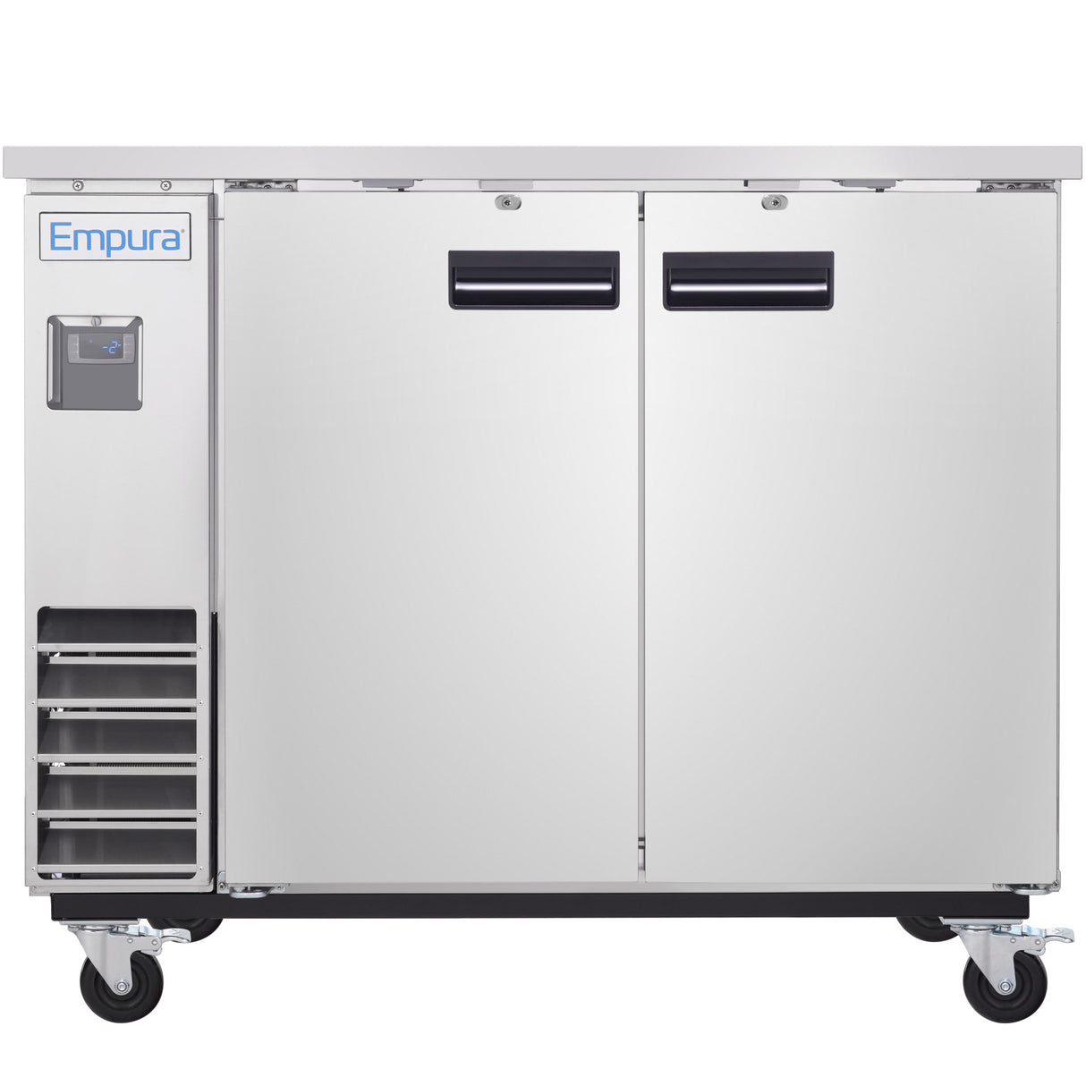 The Empura Refrigeration stainless steel commercial refrigerator features two doors, black handles, and wheels. With a clean, industrial design, this unit resembles a back bar cooler and has a digital control panel below the Empura logo.