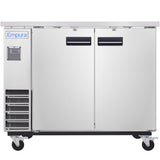 The Empura Refrigeration stainless steel commercial refrigerator features two doors, black handles, and wheels. With a clean, industrial design, this unit resembles a back bar cooler and has a digital control panel below the Empura logo.