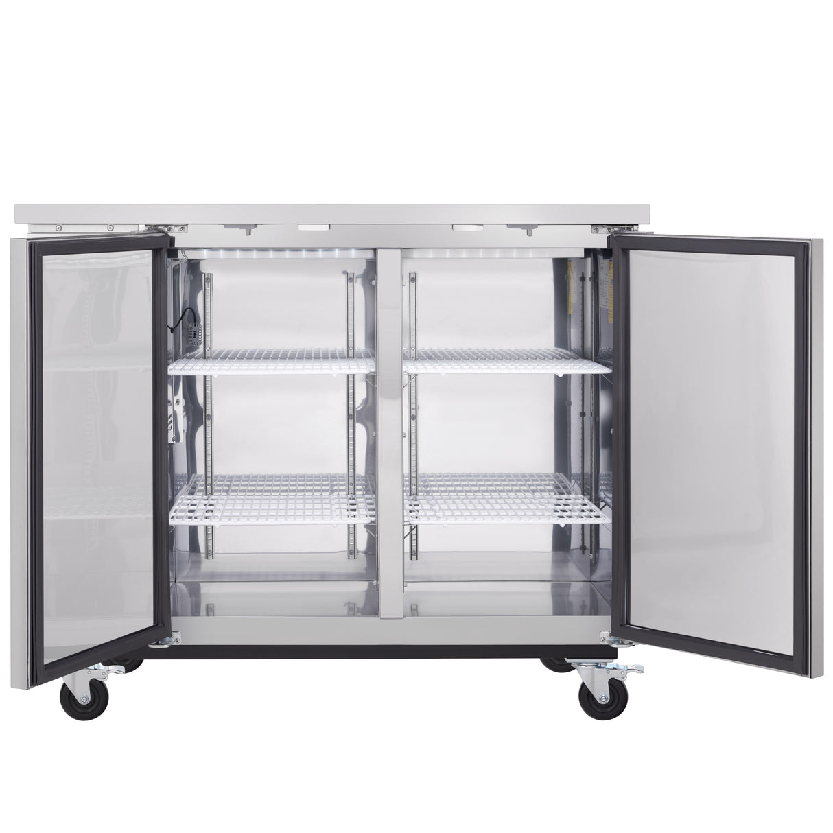 A stainless steel Empura Refrigeration back bar cooler on wheels with both doors open, revealing two sections and four wire shelves inside. The clean, empty interior and modern industrial design make it ideal for commercial use.