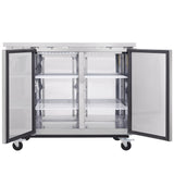 A stainless steel Empura Refrigeration back bar cooler on wheels with both doors open, revealing two sections and four wire shelves inside. The clean, empty interior and modern industrial design make it ideal for commercial use.