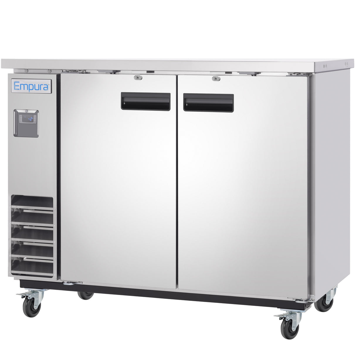 A commercial Empura Refrigeration stainless steel refrigerator with two doors and black handles. The unit has ventilation grilles on the lower left, four caster wheels, a small control panel on the front, and is ideal as a back bar cooler.