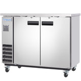 A commercial Empura Refrigeration stainless steel refrigerator with two doors and black handles. The unit has ventilation grilles on the lower left, four caster wheels, a small control panel on the front, and is ideal as a back bar cooler.