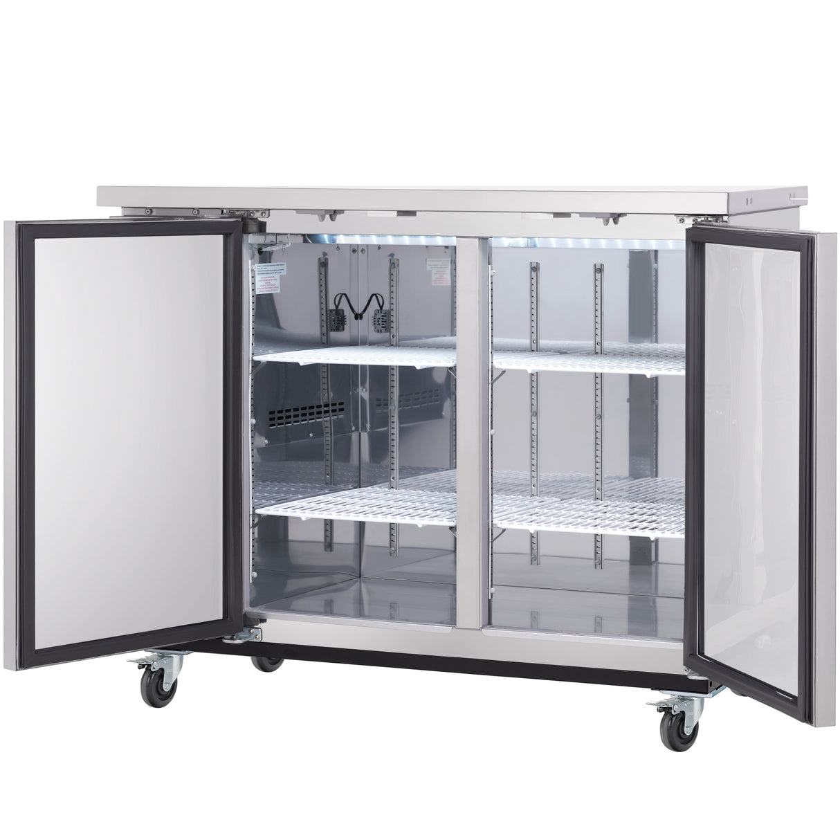 A stainless steel Empura Refrigeration commercial refrigerator with two doors open, revealing wire shelves inside. The fridge has wheels for mobility and a clean, reflective interior. The flat top surface resembles that of a back bar cooler and the unit is empty and well-lit.