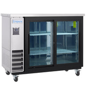 A commercial stainless steel Empura Refrigeration back bar cooler on wheels with a digital display, sliding glass doors, and metal wire shelves inside, placed against a plain white background.