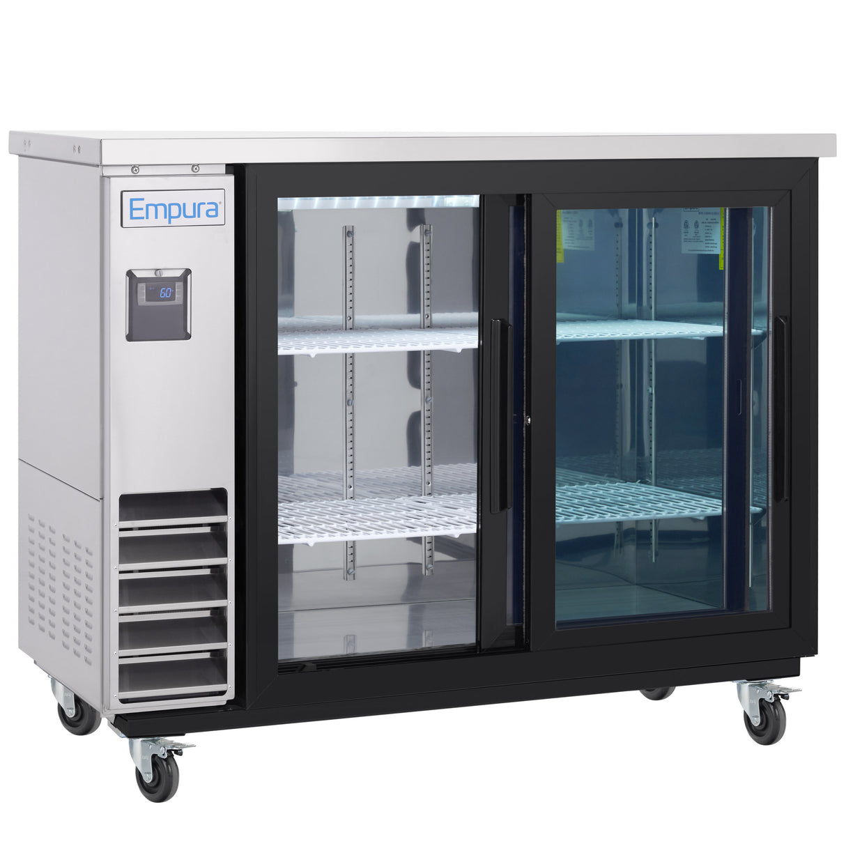 The Empura Refrigeration back bar cooler features two sliding glass doors, three interior shelves, a digital temperature display, and four caster wheels for mobility. The Empura brand is displayed on the upper left corner of this commercial unit.