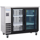 The Empura Refrigeration back bar cooler features two sliding glass doors, three interior shelves, a digital temperature display, and four caster wheels for mobility. The Empura brand is displayed on the upper left corner of this commercial unit.