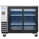 This Empura Refrigeration commercial stainless steel Back Bar Cooler features sliding glass doors, two interior wire shelves, a digital temperature control panel, four caster wheels, and ventilation grilles conveniently located on the lower left side.