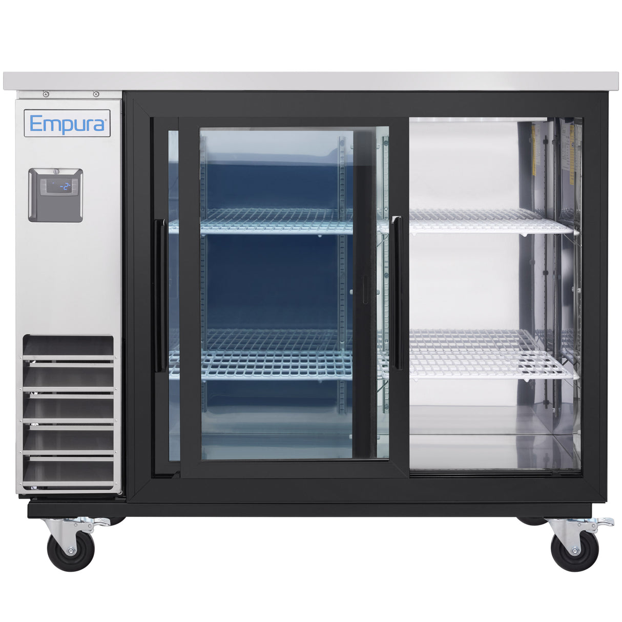 An Empura Refrigeration Back Bar Cooler with stainless steel finish, sliding glass doors, wire shelves, and caster wheels is shown empty and clean. The left-side cooling unit has vents and a digital display; the illuminated interior features two wire shelves per section.