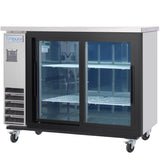 An Empura Refrigeration back bar cooler with two sliding glass doors, metal frame, interior shelves, and four caster wheels. The left side features a vent and control panel. The fridge is empty against a plain white background.