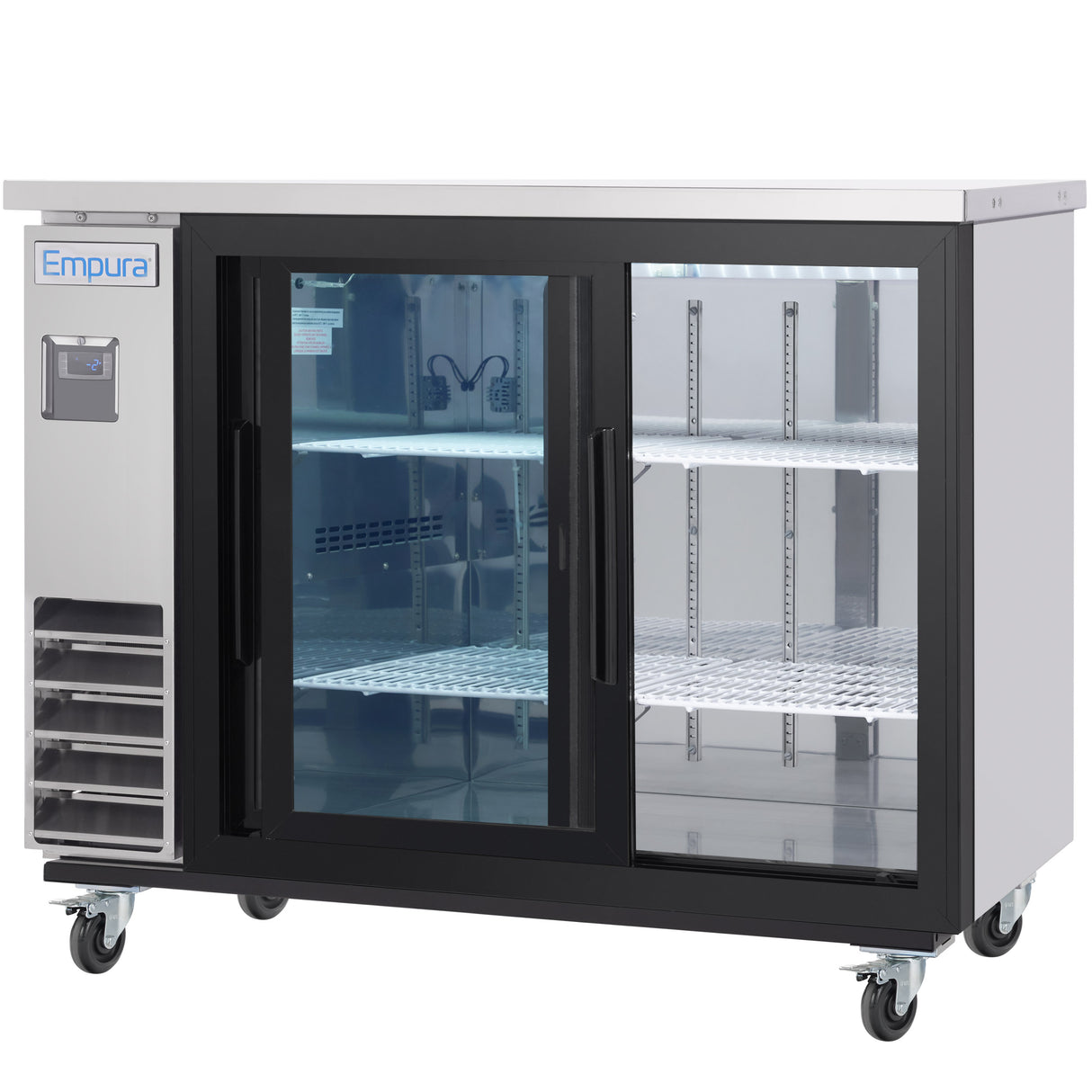 An Empura Refrigeration back bar cooler with sliding glass doors features internal wire shelves, a digital control panel, and sits on four caster wheels for easy mobility. The Empura branding is visible on the upper left side.