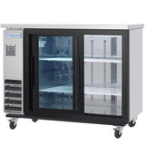 An Empura Refrigeration back bar cooler with sliding glass doors features internal wire shelves, a digital control panel, and sits on four caster wheels for easy mobility. The Empura branding is visible on the upper left side.