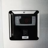 A close-up of a digital control panel on a metallic surface, likely from an Empura refrigeration back bar cooler, featuring a display showing “-01,” arrow and set buttons, and a black switch labeled “LAMP” below the panel. The brand “Goodland” is faintly visible.