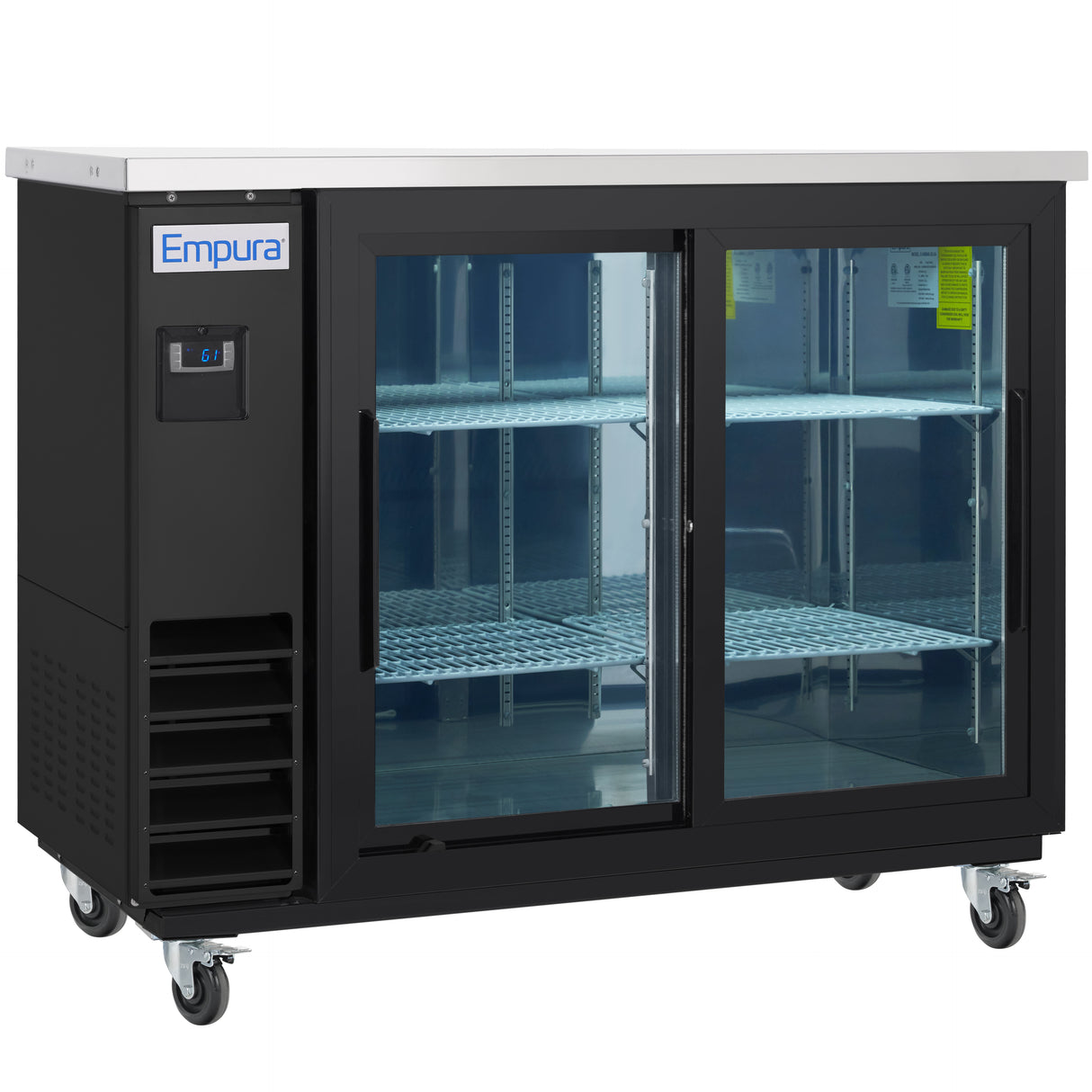 A black Empura Refrigeration Back Bar Cooler with a digital temperature display, two sliding glass doors, metal shelves, and a stainless steel top. The unit is on caster wheels for mobility and the shelves inside are empty.
