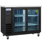 A black Empura Refrigeration Back Bar Cooler with a digital temperature display, two sliding glass doors, metal shelves, and a stainless steel top. The unit is on caster wheels for mobility and the shelves inside are empty.
