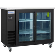 A black Empura Refrigeration Back Bar Cooler with a digital temperature display, two sliding glass doors, metal shelves, and a stainless steel top. The unit is on caster wheels for mobility and the shelves inside are empty.