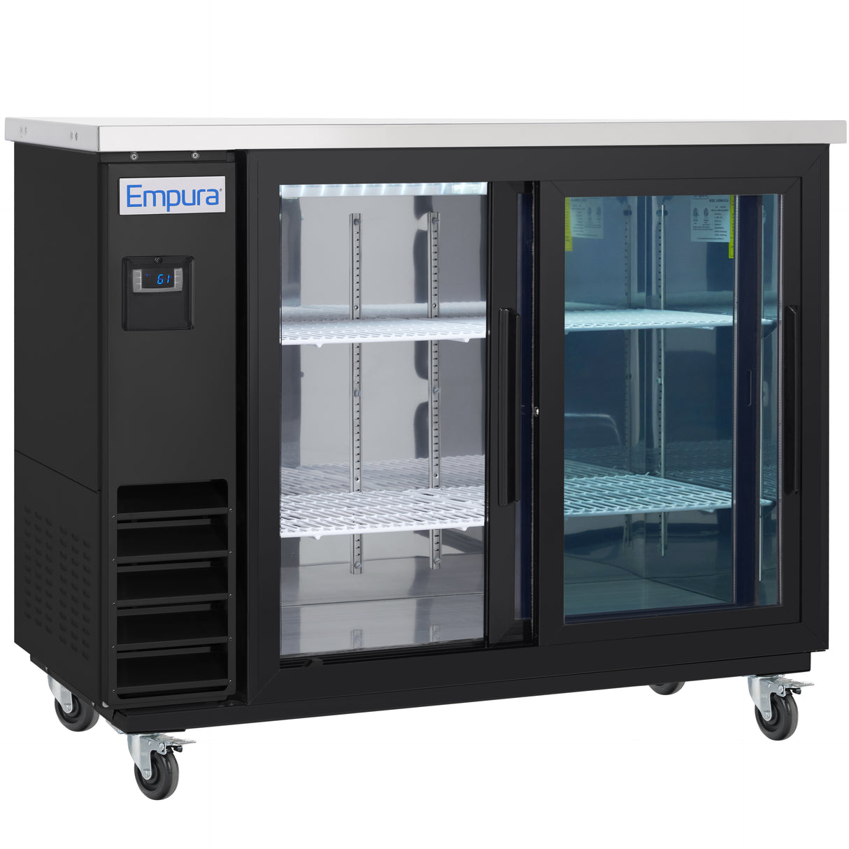 A black Empura Refrigeration back bar cooler on wheels with two sliding glass doors, interior white shelves, and an LED display on the left. The blue and white Empura label is at the top left corner. The fridge is empty and well-lit inside.