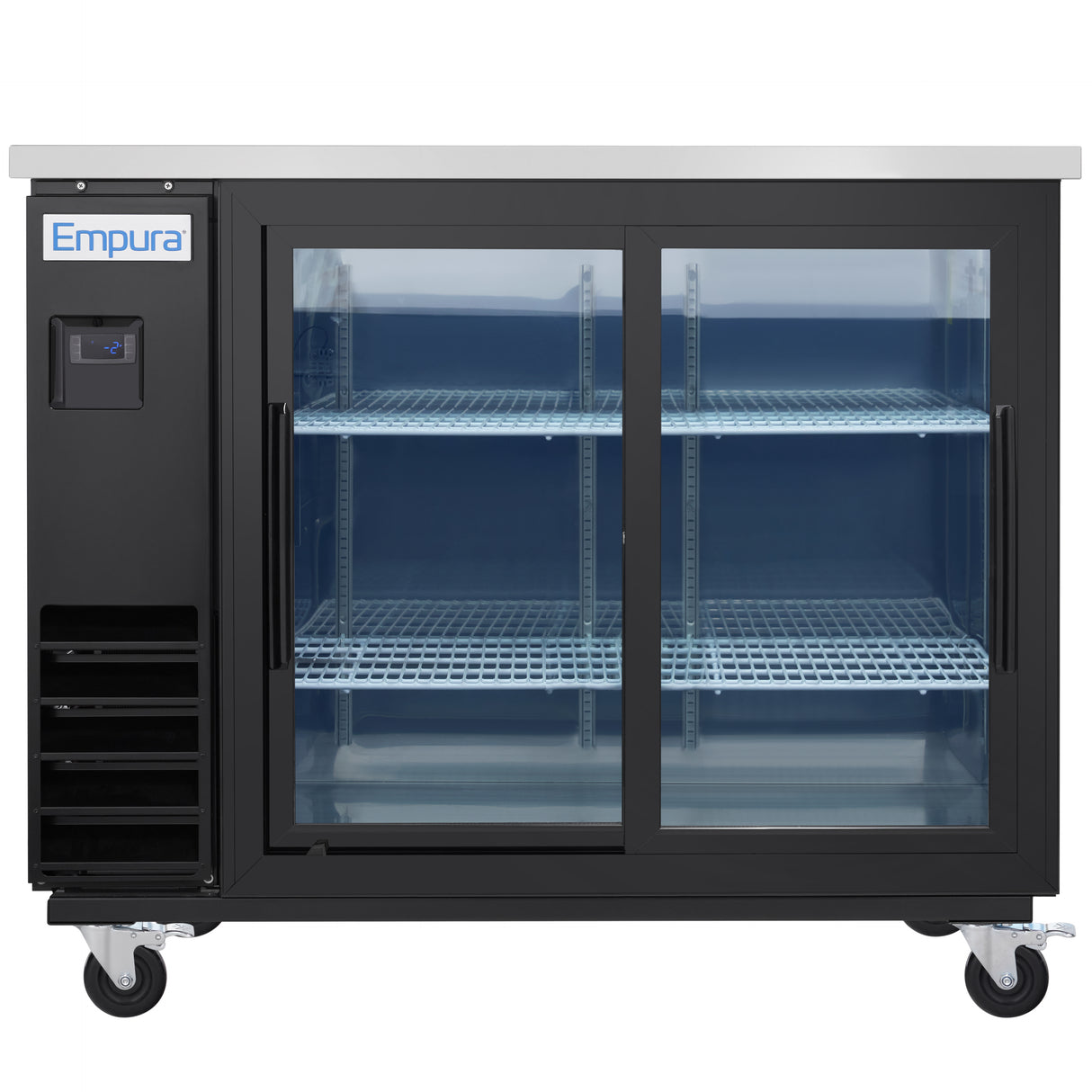 An Empura Refrigeration back bar cooler featuring sliding glass doors, a black frame, digital control panel, three wire shelves, and caster wheels. The unit boasts a stainless steel top and an “Empura” logo above the control panel.