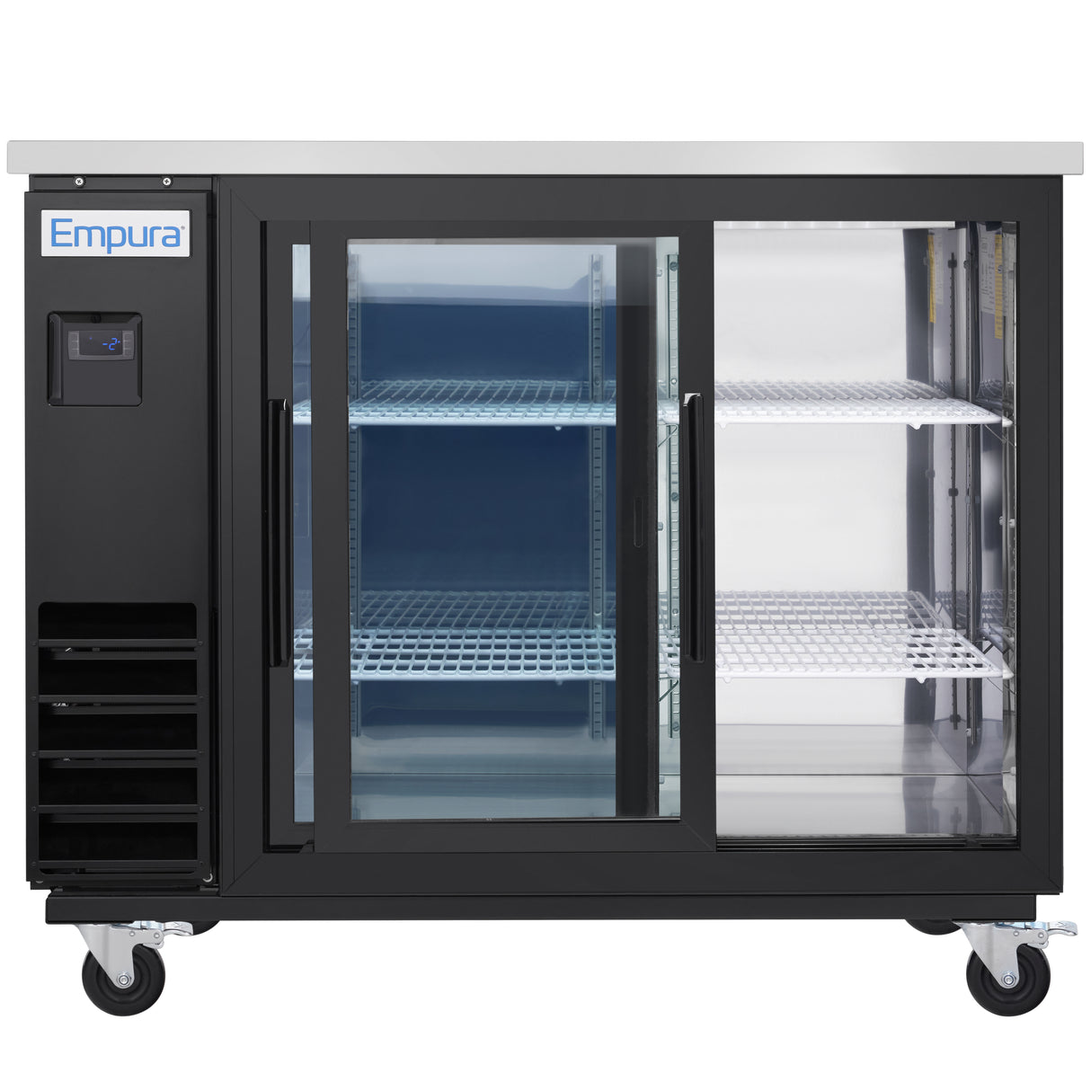 A commercial Empura Refrigeration back bar cooler on wheels with sliding glass doors, metal shelving, a digital control panel on the left, the Empura logo, and interior lighting illuminating empty shelves.