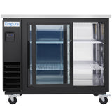 A commercial Empura Refrigeration back bar cooler on wheels with sliding glass doors, metal shelving, a digital control panel on the left, the Empura logo, and interior lighting illuminating empty shelves.