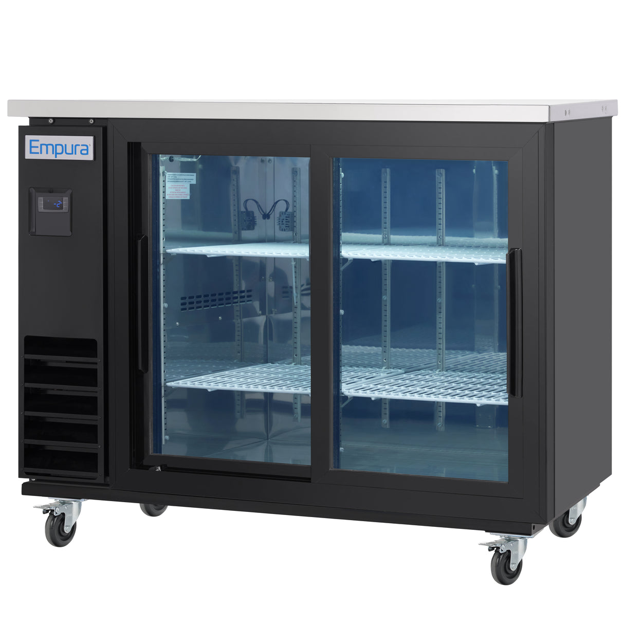 A black Empura Refrigeration back bar cooler on wheels with a stainless steel top, two sliding glass doors, and wire shelves inside. The digital control panel and Empura logo are on the upper left front corner. The empty interior is well-lit.