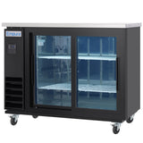 A black Empura Refrigeration back bar cooler on wheels with a stainless steel top, two sliding glass doors, and wire shelves inside. The digital control panel and Empura logo are on the upper left front corner. The empty interior is well-lit.