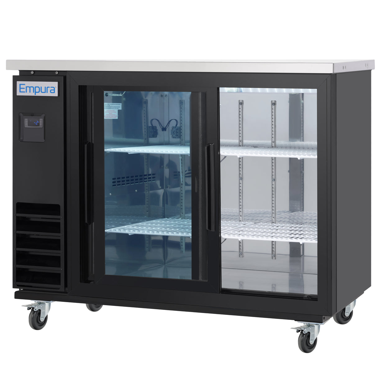 A black Empura Refrigeration back bar cooler with sliding glass doors, adjustable wire shelves, digital control panel, ventilation grates, wheels for mobility, illuminated interior, and a stainless steel top—perfect for any commercial setting.